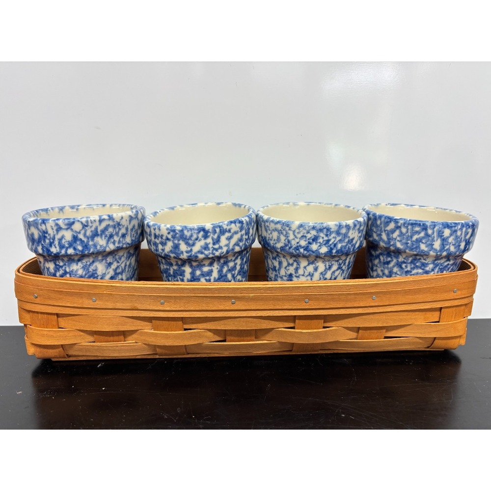 Gerald E Henn Workshops Roseville Blue Spongeware Planter Basket with Pots USA